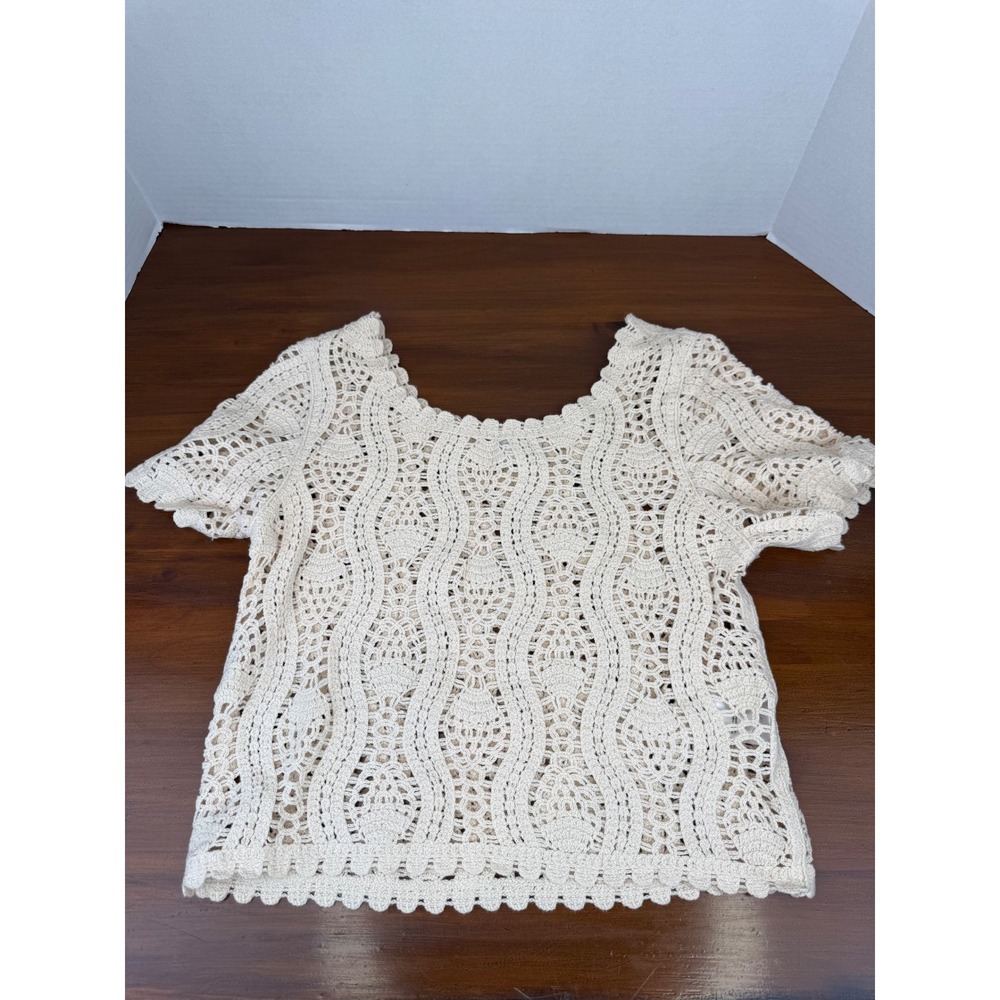 Jessica Simpson‎ Womens XS Ivory Crochet Knit Short Sleeve Top WJSS202-IVR Boho